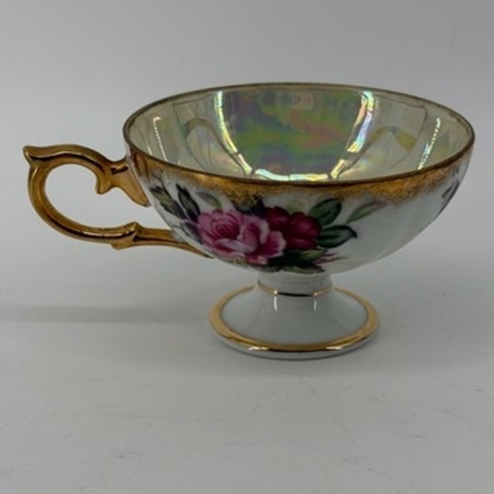 Vintage Iridescent Lusterware Footed Teacup Pink Rose Floral Gold Trim Handle